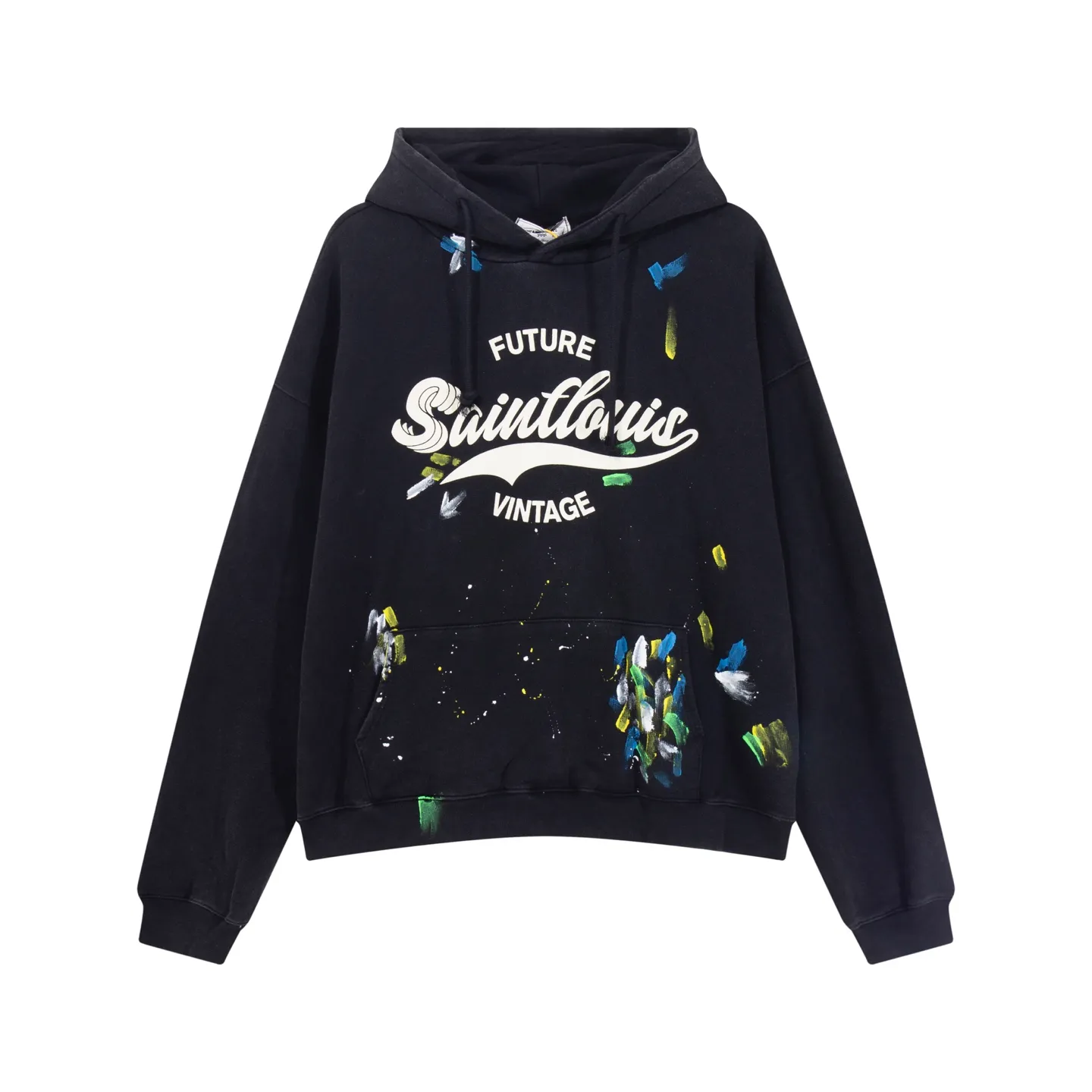 Style No. S115 P💰300 (450g version) SSSAINT LOUIS retro washed college style fluorescent ink splash hoodie. Washed black, made of 450g dense cotton fabric. Washing process, loose fit. Same style for men and women. Size: S-XL.